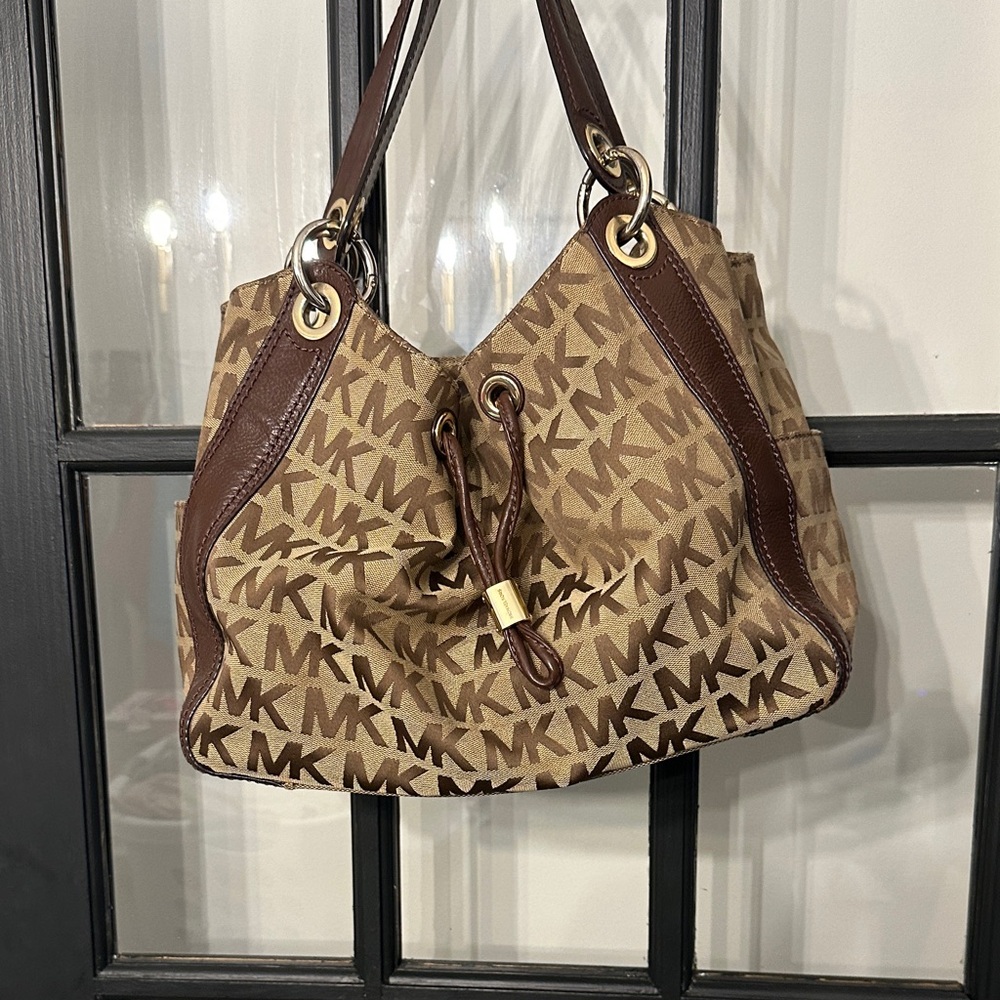 Michael Kors Tan and Brown Monogram Shoulder Bag